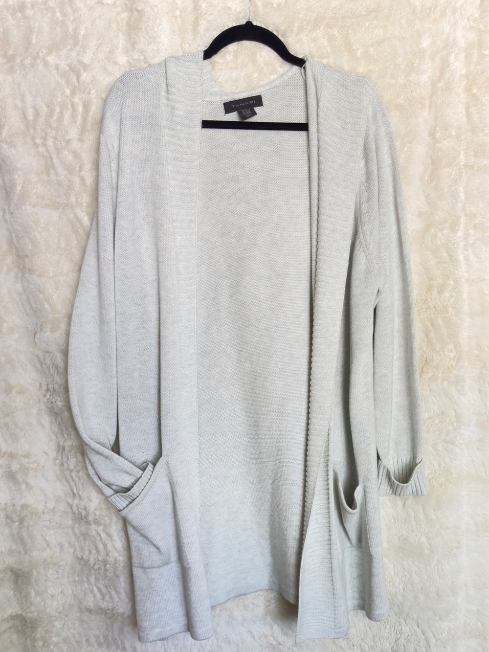 Tahari Light Gray Open-Front Longline Cardigan with Pockets